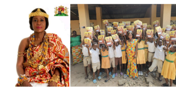 [Her Majesty Queen Adziwonor III official photo and the Queen distributing school supplies to children in the Gbi Traditional Lands.]
